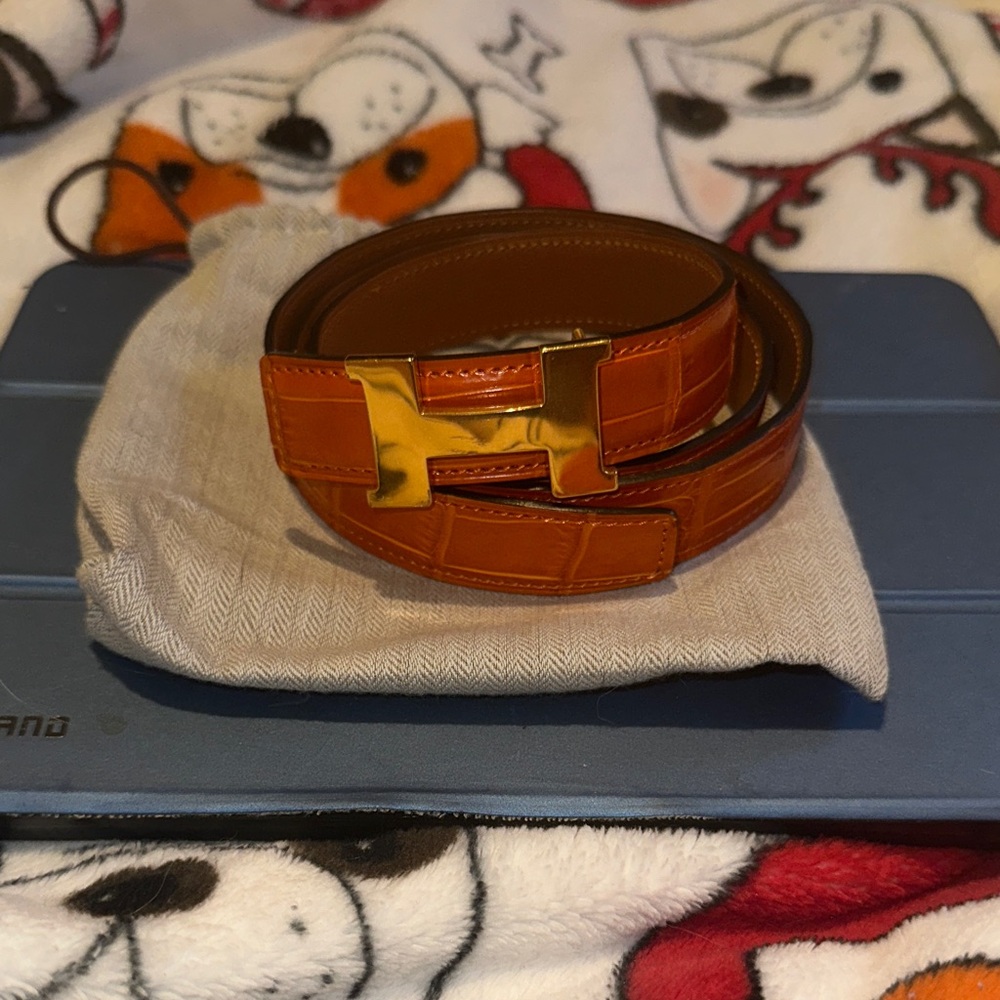 Hermes Tan Leather Belt with Gold Buckle